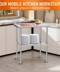 Stainless Steel Prep Table 24 By 30 Inch With Adjustable Undershelf, Backsplash And Wheels in a kitchen setup
