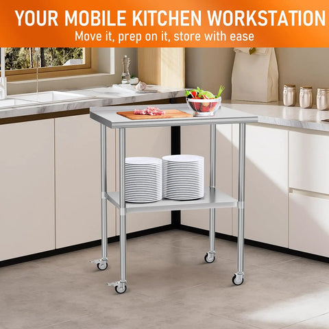 Stainless Steel Prep Table 24 By 30 Inch With Adjustable Undershelf, Backsplash And Wheels in a kitchen setup