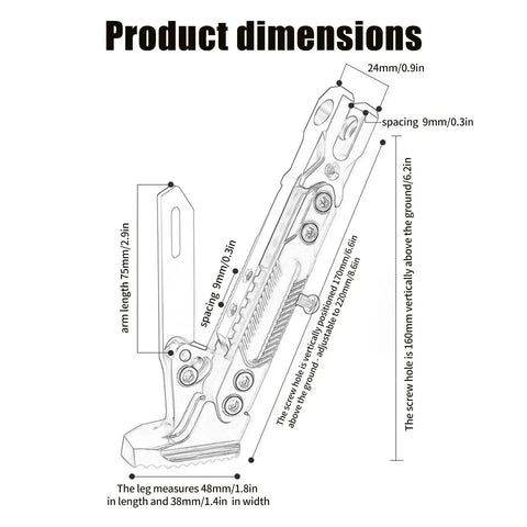 Diagram with dimensions of Universal Kickstand Bracket For Motorcycles Dirt Bikes And Scooters With 55mm Hole Spacing