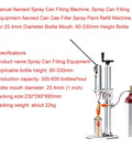 Straightup Manual Aerosol Filling Machine For Spray Cans Built Tough With Straightforward Adjustments Fits Bottles Sixty To Three Hundred Millimeters showing bottle mouth and height details.