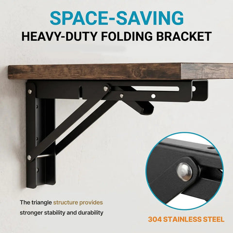 Two Pack 16 Inch Folding Shelf Brackets Heavy Duty Beefy Collapsible Shelving Brackets with screws wall mounted black