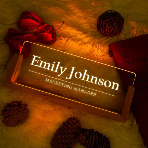 Personalized Light Up Desk Name Plate With Your Name Title Or Motto, acrylic block on wooden base with LED glow