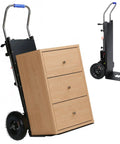 Electric Stair Climbing Hand Truck Featuring a Robust 1500W Motor and 880 Lbs Load Rating with wooden dresser on it.
