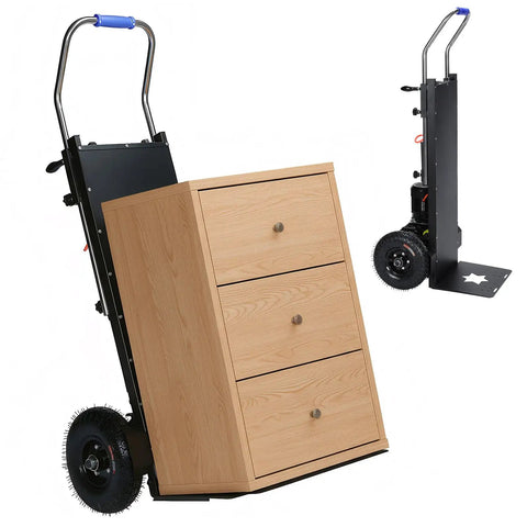 Electric Stair Climbing Hand Truck Featuring a Robust 1500W Motor and 880 Lbs Load Rating with wooden dresser on it.