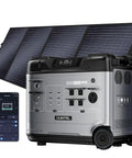 P5000 Pro Portable Power Station With 400W Solar Panel App Control on gray unit with smartphone display for RV and camping use.