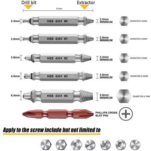 Damaged Screw Extractor Set For Stripped Screws And Bolts 6 Piece High Speed Steel Drill Bit Tools with sizes #0-#4