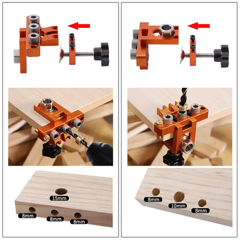Three In One Doweling Jig Kit with aluminum construction used for precision drilling in wood, showing close-up of holes for furniture assembly.