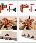 3 In 1 Doweling Jig Kit With Pro Grade Aluminum Alloy Construction Anodized Finish Drilling Locator Puncher And Auxiliary Punching Plate for precise woodworking, showing assembly and hole sizes.