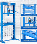 12 Ton Hydraulic Shop Press With Adjustable Table Heavy Duty Steel H Frame for Auto Repair showing adjustable height and labor-saving handle.