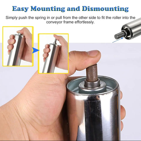 Stainless Steel Conveyor Roller Replacement Part For Woodworking And Industrial Dock Lines, Quiet Operation, Low Vibration, Heavy Duty, Rugged And Abrasion Resistant, Durable Dock Conveyor Wheel For Smooth Goods Transit, spring-fit roller install
