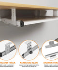 Slick Under Desk Keyboard Tray Pull Out Slide With Height Adjustable Full Extension Ball Bearing Rails Straight Up Ergonomic Workspace Upgrade Damn Good Space Saver For Musical Keyboards And Home Offices - close-up of metal tracks and slides.
