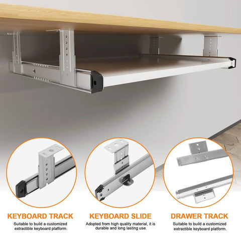Slick Under Desk Keyboard Tray Pull Out Slide With Height Adjustable Full Extension Ball Bearing Rails Straight Up Ergonomic Workspace Upgrade Damn Good Space Saver For Musical Keyboards And Home Offices - close-up of metal tracks and slides.