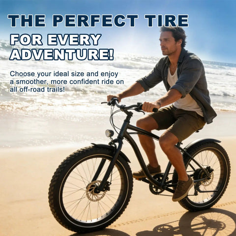 Man riding a bike on the beach showcasing Two Pack Fat Bike Inner Tube 20 By 4.0 Inch With 32mm Schrader Valve For Electric Fat Tire Bikes