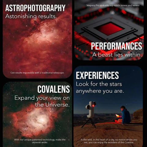 Vespera Pro Smart Telescope With Observation Station, showing performance and astrophotography capabilities in various settings.