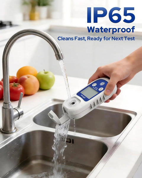 Digital Refractometer 0-55 Brix with ATC and IP65 Water Resistance, Ultra Fast Two-Second Readouts, Accuracy to 0.2 Percent, Perfect For Juices, Wine, Coffee, Home Brew And Kitchen Lab Testing. IP65 waterproof digital refractometer rinsed under kitchen tap