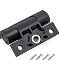 Torque Adjustable Position Control Door Hinge Set 2 Pack With Four Countersunk Holes E6 10 301 20 Series Plastic Black Built To Last Durable Hinge With Adjustable Damping And Angle Stop Screws Included, close-up of hinge with screws