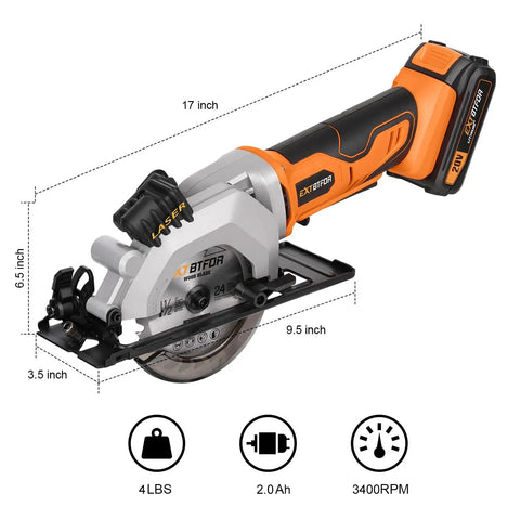 Hot Rodded Cordless Circular Saw With Laser Guide For Spot On Cuts Every Single Day features 20V battery, 3400 RPM, compact design, and dimensions.