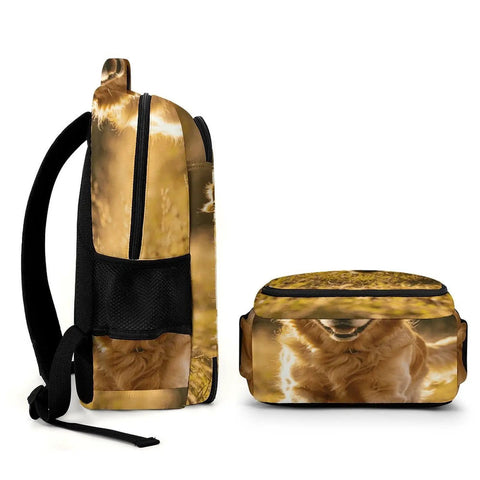 Side view of Happy Sprinting Golden Dog Print Unisex Backpack With Large Capacity Dope Design Built From Durable Polyester