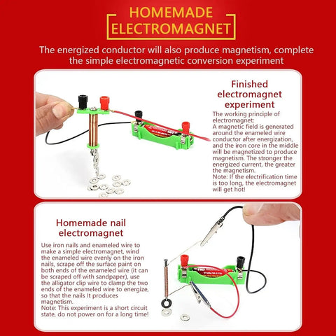 Hands On Educational Electromagnet Kit For Magnetic Experiments And Physics Lab Equipment Ideal For High School Classrooms Demonstrations And Science Lessons shown in red and green assembly for experiment demonstration.