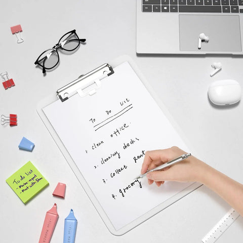 White Plastic Clipboard With Pen Holder And Low Profile Clip 12.5 By 9 Inch Writing Surface in use on a desk with a to-do list