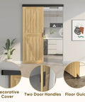 5-Foot Sliding Barn Door Track Kit With Handles installed on wooden door in modern home interior, showing decorative cover and floor guide