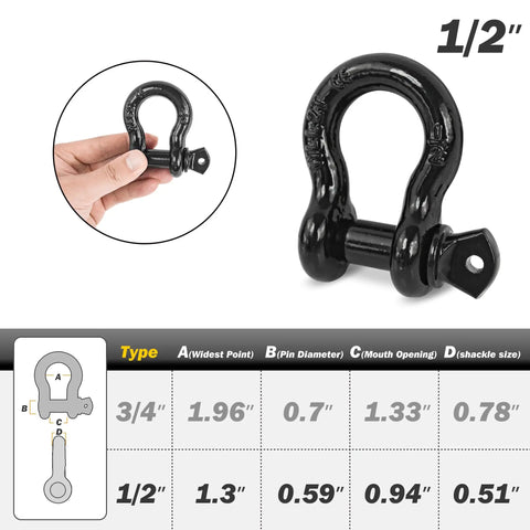 1/2 Inch D Ring Shackle With 9/16 Inch Screw Pin, Heavy Duty Tow And Recovery Shackle For Off Road Adventures, UTV ATV And Trailer Gear, No Gap Design, Won't Slip At Speed, Up To 4,000 Lbs. black 1/2 inch D ring shackle with screw pin shown with size chart