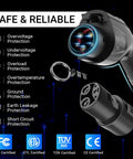 Top Tier Level 2 Electric Vehicle Charger For Tesla And All J1772 Models 48 Amp with clear labels for safety features.