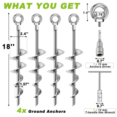 18 Inch Ground Anchors Screw In Heavy Duty Earth Auger Stakes Kit with Spiral Blade Design 4 Pack