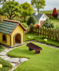 Miniature Resin Bench Set For Fairy Gardens And Dollhouses, wooden bench in a tiny garden scene with house and pathway.