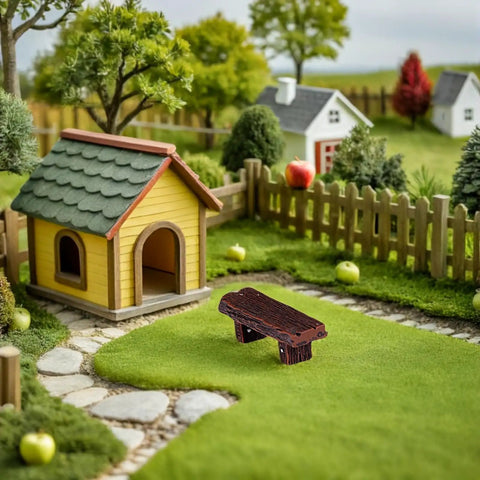 Miniature Resin Bench Set For Fairy Gardens And Dollhouses, wooden bench in a tiny garden scene with house and pathway.