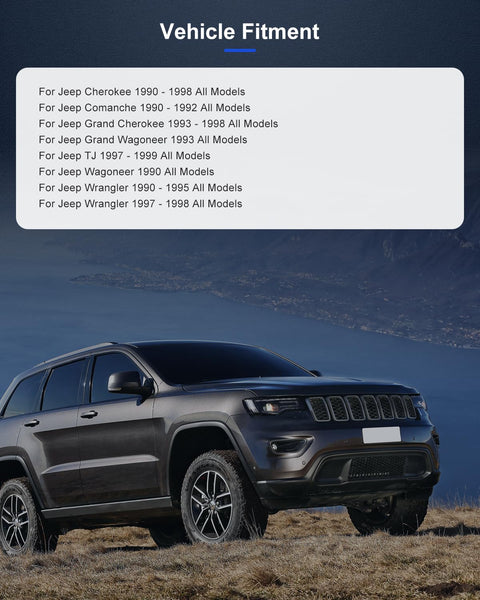 Compatibility chart for SUVs with Jeep model image showcasing vehicle fitment years, including Cherokee, Grand Cherokee, and more.