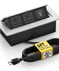 Recessed Pop Up Power Strip for Countertop and Desk, Hidden Charging Outlet with Metal Casing, 6 Ft Extension Cord, Silver