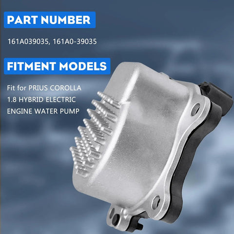 Rock Solid Plug And Play Electric Water Pump Direct Fit For 2016 To 2021 Toyota Prius And 2016 To 2020 Corolla 1.8L Replaces 161A039035 showing part number details.