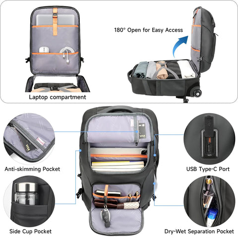 Amazon SWICKY RICOOI rolling backpack, front view with 17-inch laptop sleeve and USB-C port