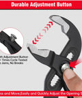 Close-up of 10 Inch Water Pump Pliers For Home Repair With Comfortable Grip, Adjustable Jaw, Rust Preventive Coating, 65mm Opening.