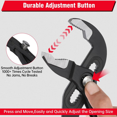 Close-up of 10 Inch Water Pump Pliers For Home Repair With Comfortable Grip, Adjustable Jaw, Rust Preventive Coating, 65mm Opening.