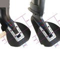 Close-up of Whale Tail Hydrofoil Stabilizer for boat outboards, showing dimensions and fit on motor, durable construction