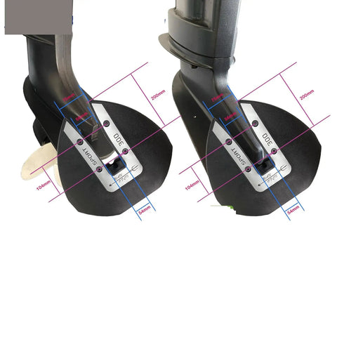 Close-up of Whale Tail Hydrofoil Stabilizer for boat outboards, showing dimensions and fit on motor, durable construction