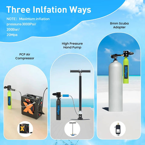 Three inflation options for Mini 0.5 Liter Scuba Tank Pony Bottle With DOT Certification, including compressor, hand pump, and adapter.