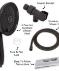 Massage And Mist Handheld Shower Head Kit With 6 Function High Pressure Boost Hose And Mount Easy Install For Low Water Flow 2.5 GPM Oil Rubbed Bronze Shower Upgrade components including shower head, hose, bracket, and instructions.