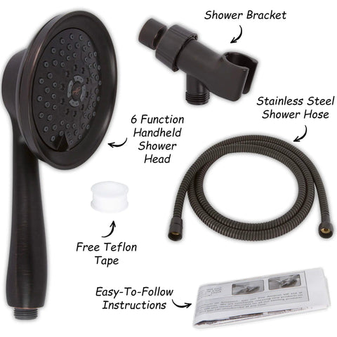 Massage And Mist Handheld Shower Head Kit With 6 Function High Pressure Boost Hose And Mount Easy Install For Low Water Flow 2.5 GPM Oil Rubbed Bronze Shower Upgrade components including shower head, hose, bracket, and instructions.