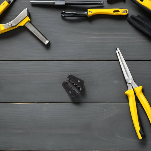 Doitool Compatible Crimping Die Replacement Terminal Pliers For Open Barrel Wire Stripping on a workbench with tools.