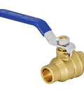 Heavy Duty Full Port Brass Ball Valve 1/2 In Sweat To 1/2 In Sweat Inline Plumbing Valve shown in side view with blue handle.