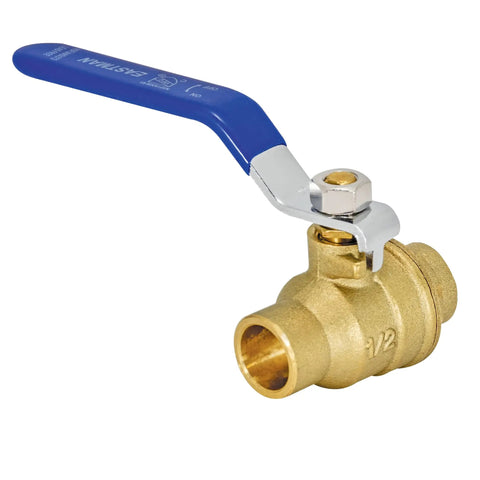 Heavy Duty Full Port Brass Ball Valve 1/2 In Sweat To 1/2 In Sweat Inline Plumbing Valve shown in side view with blue handle.