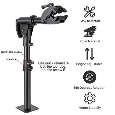 360 Degree Rotating Bike Repair Stand For Bench Mount with clamp details, height adjustable and tools icons