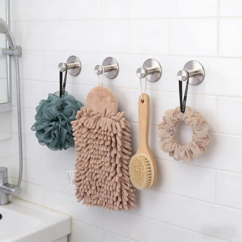 Six Pack Self Adhesive Wall Coat Hooks Heavy Duty Stainless Steel Robe Hooks With 12 Pound Capacity Brushed Finish mounted in bathroom