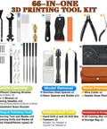 Front view of 66-in-1 3D printing tool kit with storage case, including deburring tools, scrapers, files, brushes, pliers and tweezers