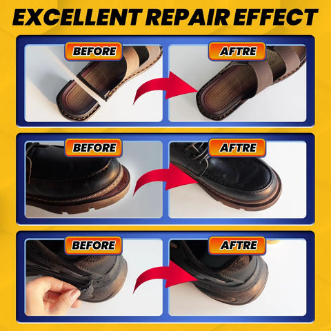 Before and after images showing Heavy Duty Shoe Glue For Sole Repair And Reattachment On Sneakers Boots Heels Waterproof All Purpose Instant Cyanoacrylate Adhesive For Leather And Rubber Bottom Soles Handbags Flexible Quick Dry results on footwear.
