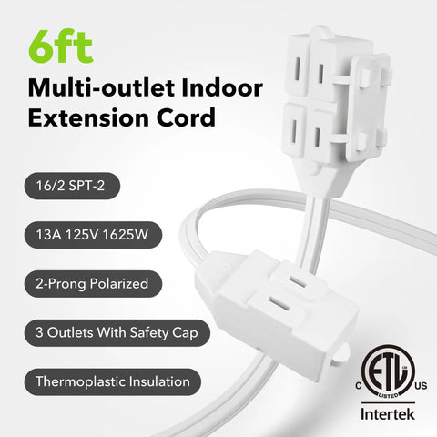 6 Ft Indoor Extension Cord With 3 Outlets Polarized 2 Prong Plug 2 Pack White Built For Home Office Lamps Fans Holiday Lights And Everyday Power Needs