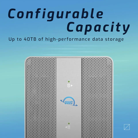 Close-up of Dual Bay Thunderbolt USB C Hard Drive Enclosure Featuring Killer Hardware Raid Options with sleek design.